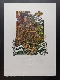 王昆套色藏书票《梁红玉击鼓退金兵》