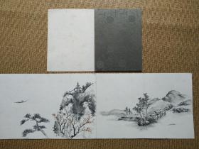 【715】民国时期，书画册页，散装，，周边涂金，手绘。2折无款山水册页+1折花鸟册页+1折洒金扉页，开本尺寸24✘18。