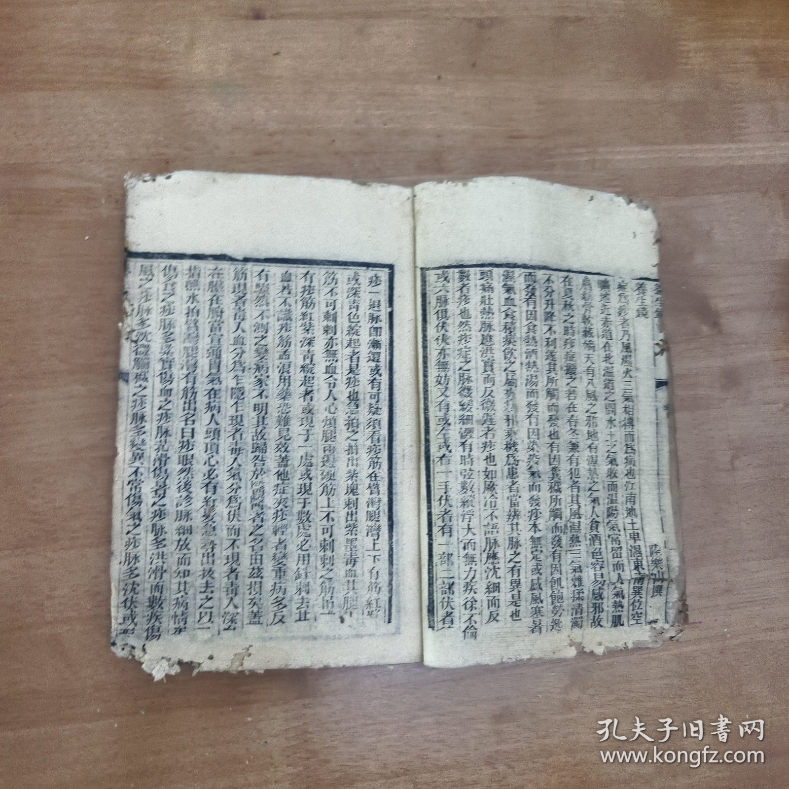 清代木刻医书，中医古籍《养生镜》，后附《痢疾论》，部分虫蛀破损如图