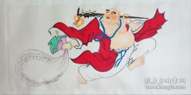 国画 人物画 一个穿红色衣服的笑面佛 罗汉 拿着拐杖 酒壶 布袋 已装裱 镜心  135厘米X69厘米