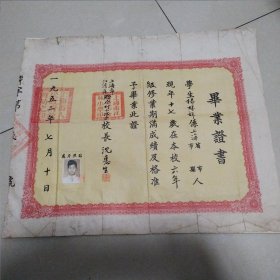 1952年上海市江湾村联合村小学毕业证书（ 校长沈惠生活签名盖印）