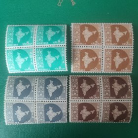 印度邮票 1957年地图 4枚新 方连