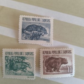 S303阿尔巴尼亚1961年本地野生动物 水獭 棕熊 獾 目录价30欧 外国邮票 新 3全 背贴 指纹 如图