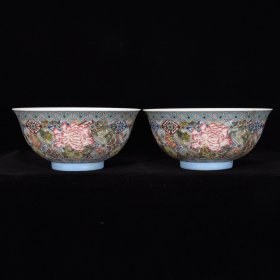 清康熙粉彩几何图形折枝花卉纹碗，尺寸7×15