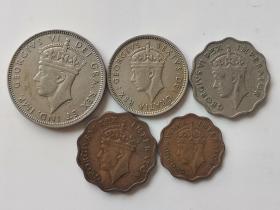英属塞浦路斯乔六1/2皮阿斯特、1皮阿斯特、1皮阿斯特、1先令、2先令，五枚合售（铜/镍币）