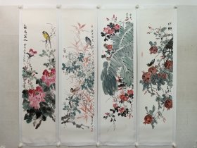 当代花鸟画名家，李辉，花鸟画四条屏，纸本托片，138×34cm×4。李辉，清华大学美术学院国画高研班助教，班主任，龙首山书画院院长。（保真书画）