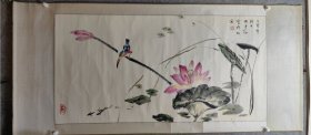 山西洪洞籍 著名画家许法勤 董寿平大师弟子 精品一副 翠鸟荷花图 原装原裱保真出售（约八平尺）