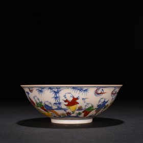 明成化红胎斗彩描金美人带子纹薄胎碗6*16.5厘米
