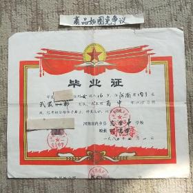 毕业证（河南省内乡县完全中学校80年7月）