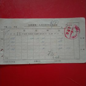 1965年6月5日，大同市第二人民医院药费收据。（生日票据，大同专题3，医疗专题2）（60-10）