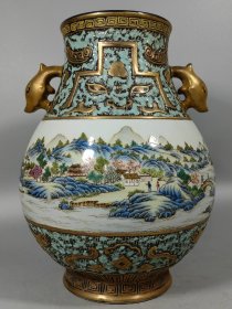 旧藏清乾隆古铜彩山水尊