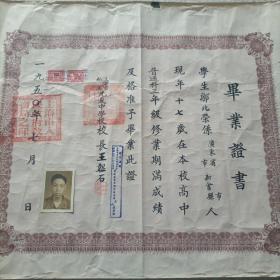 上海私立光夏中学1950年毕业证书