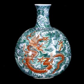 大明宣德年制五彩海水龙纹抱月瓶 尺寸31×25×19cm
