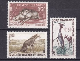 A528法属索马里海岸邮票1958 非洲动物 疣猪 猎豹 瞪羚 雕刻版 新 3全 背贴 背胶泛黄，有轻软印