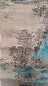 1109#老字画，萧采洲 绢本青绿山水，原装旧裱，非商品画可比，请自鉴 整幅198*47画心100*35