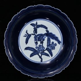 大明永乐郑和赏赐霁蓝青花鸟食图盘（4.7×22cm）