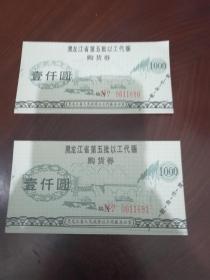 黑龙江省第五批以工代赈购货券1000元壹仟元（两张合售连号）1995年