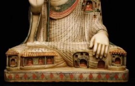 （议价） 唐汉白玉彩绘大佛雕刻石窟楼阁高106cm宽77cm厚50cm