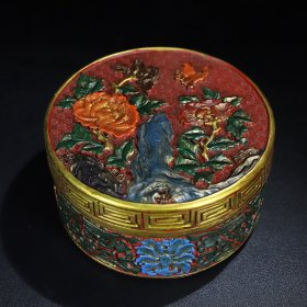 旧藏漆器彩绘花开富贵圆盒，直径14.2厘米高7.5厘米，重690克，