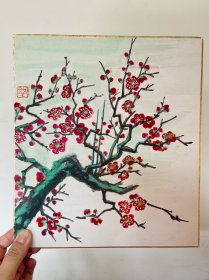 517日本卡纸色纸画，回流老字画。纯手绘，写意国画，水墨画。色纸。梅花，红梅花