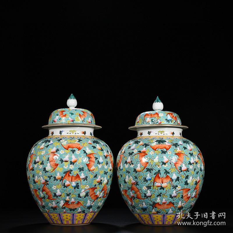 清代瓷器精品老货收藏 清乾隆绿地粉彩福寿纹将军罐