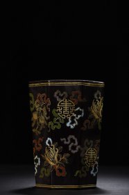 木胎大漆描真金寿字纹笔筒