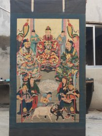 民国精品 大幅度 老粗布五彩描金 刘关张 桃园三结义 忠义千秋 之杀牛宰马 庆功宴 老画一张 尺寸大 人物多 且画工精湛 人物描绘 惟妙惟肖活灵活现 全品满工 完整包老 值得拥有 尺寸223/118