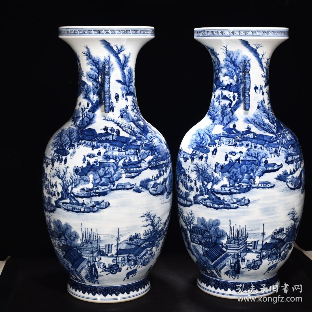 点击查看原图 清乾隆青花清明上河图双耳瓶 高81.5厘米宽41.5