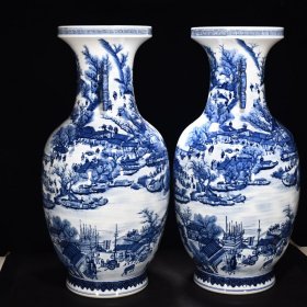 清乾隆青花清明上河图双耳瓶 高81.5厘米宽41.5