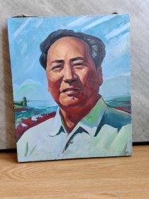 手绘布面油画《毛主席在视察长江》。高47.5厘米，宽39.5厘米