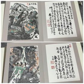 被称为日本最后文人画家的富冈铁斋 代表作之 贻咲墨戏 绒布封面折贴一册全（图文共28面）双重函套。是品早年有限量版的木版本，后绝版后，市场再版呼声甚高，所以1984年又出了这种印刷品。尺寸：25.5cm*36cm。折贴近全品相。