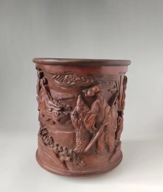 竹雕笔筒《祝寿图》