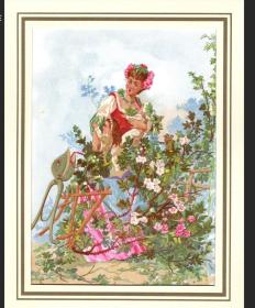 1879年西班牙石印版画  母女 蔷薇丛