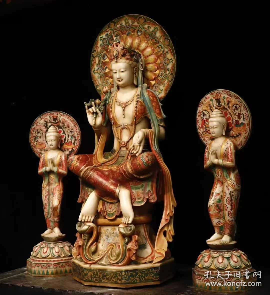 (议价） 北齐汉白玉彩绘大观音一套工艺精美法相庄严高150cm宽60cm厚45cm高1米宽36cm厚30cm