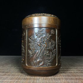 纯铜梅兰竹菊四君子茶叶罐，高12.5厘米，宽9厘米，重619克