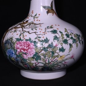 旧藏 清雍正粉彩花鸟纹扁肚瓶 高29.5×22厘米