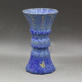 蓝釉刻字花觚花瓶 摆件