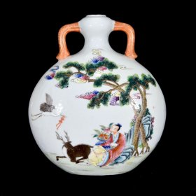 粉彩人物故事纹双耳扁瓶，22×20厘米