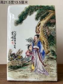 清代五彩人物方形笔筒，纯手绘画，全品完好