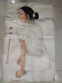 保真书画，当代学院派优秀画家，何俊，美女人物画一幅，画的优雅沉静。何俊师从著名画家何家英。画心尺寸63×95cm。