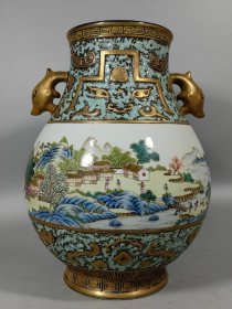 旧藏清乾隆古铜彩山水尊