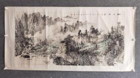 张介宇。北京画家《溪山雅居图》原裱镜芯作品画芯尺寸为139x67厘米。著名画家黎雄才的入室弟子,胡杨画派的创始人，作品保真手绘，品相如图自然旧，