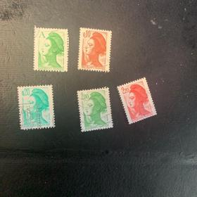 法国邮票 玛丽安娜女神 5枚 （信销票)