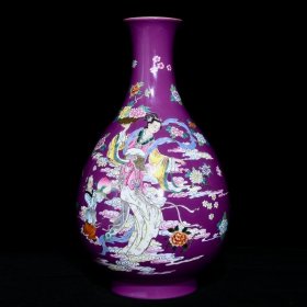 清雍正茄皮紫釉粉彩天女散花图玉壶春瓶，高34.5cm直径19.5cm，