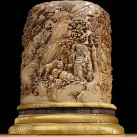 清代 寿山石雕福寿三星祥瑞图笔筒