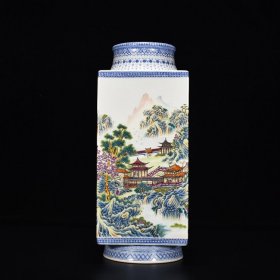 清乾隆珐琅彩山水楼阁琮式方瓶 高32.5厘米 宽13.5厘米
