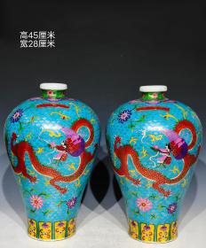 美品·款式“大明宣德年制”精工细作满工景泰蓝掐金丝龙纹梅瓶一对，器型周正，釉水肥厚，成色如图