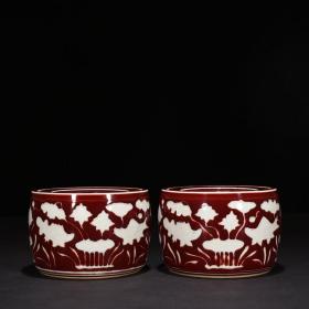 明宣德宝石红釉鱼藻纹蛐蛐罐