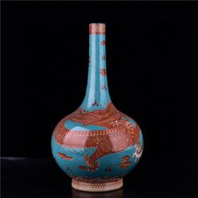 清乾隆矾红釉盘龙纹胆瓶古董古玩古瓷器文玩艺术收藏品