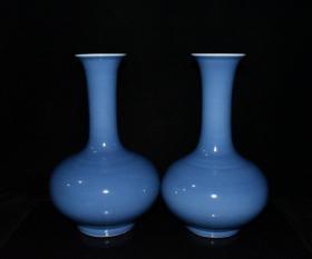 清代康熙天蓝釉赏瓶一对 古玩古董古瓷器老货收藏